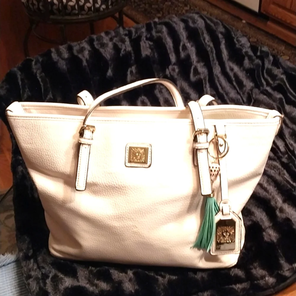 Anne Klein Ivory White Women's Faux Leather Purse Tote Bag Satchel Lion Logo - Picture 2 of 15